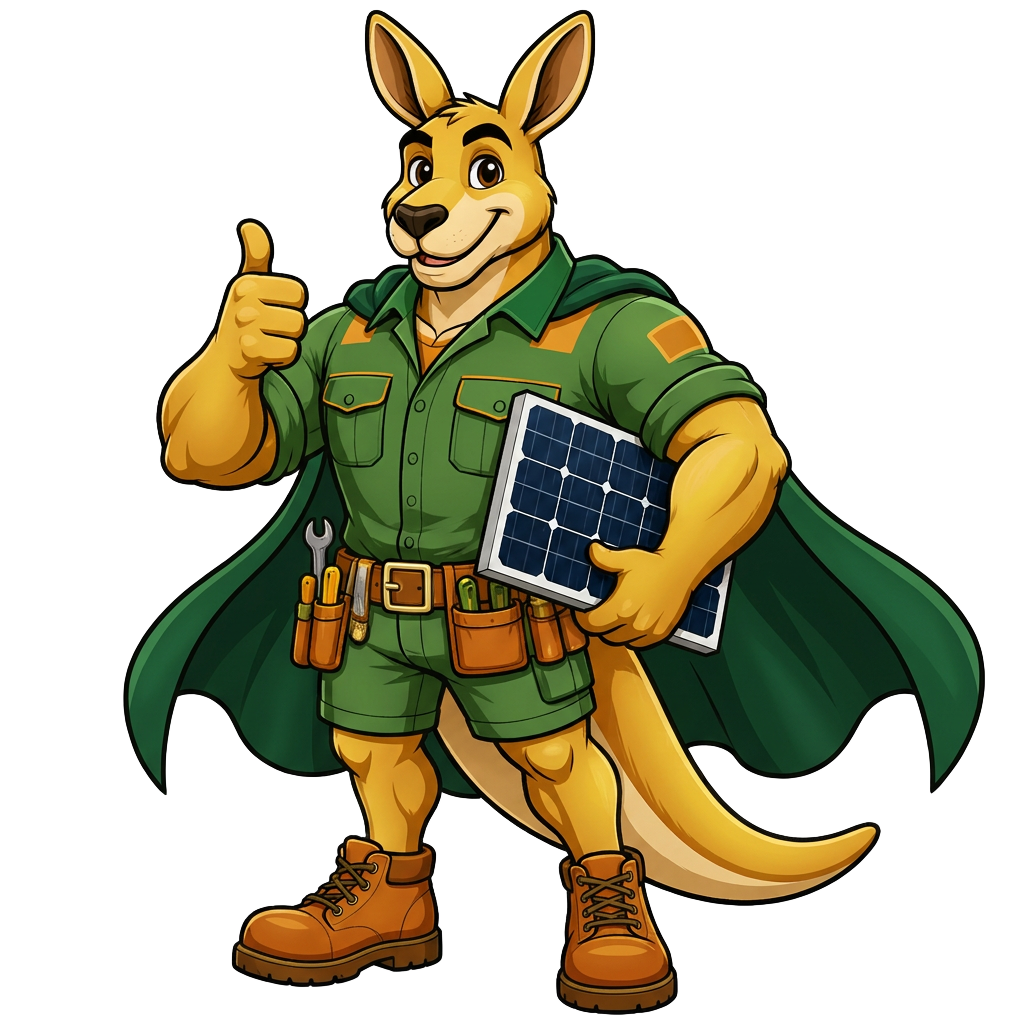 Roo Solar kangaroo mascot holding a solar panel